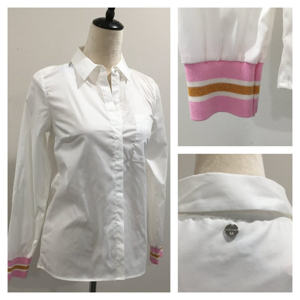 NWT RICH & ROYAL White Pink Glitter Orange Cotton Cuff Hidden Button Shirt